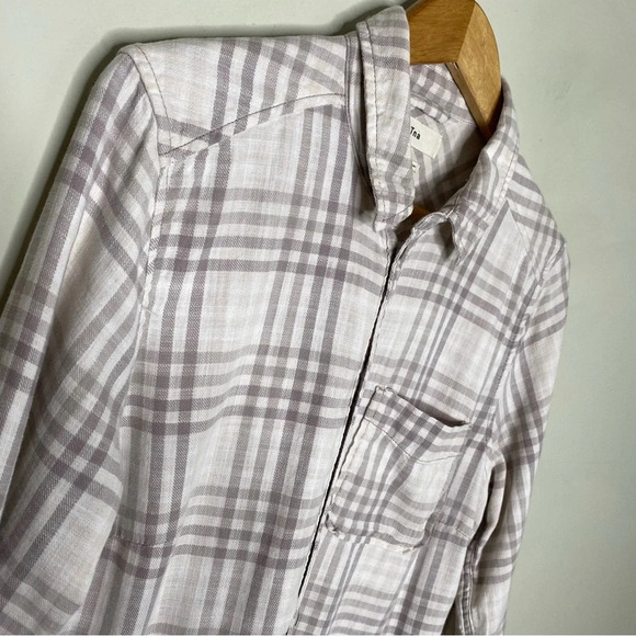 Aritzia TNA Beige Brushed Flannel Plaid Button Front Yellowstone Shirt Large - Picture 3 of 11